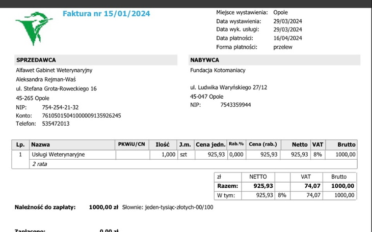 Zbiórka Spłata faktury za luty - 2 rata - zdjęcie główne