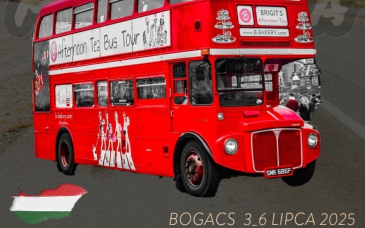 Czerwony autobus turystyczny z reklamą herbaty.