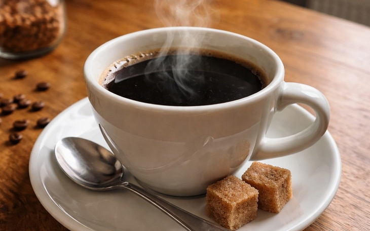 Czarna kawa w filiżance z cukrem na drewnianym stole.