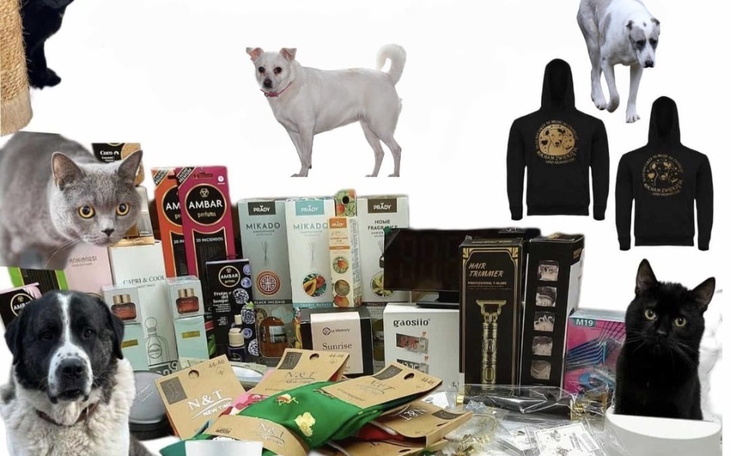 Zestaw produktów i zwierząt, w tym psy i koty, na białym tle.