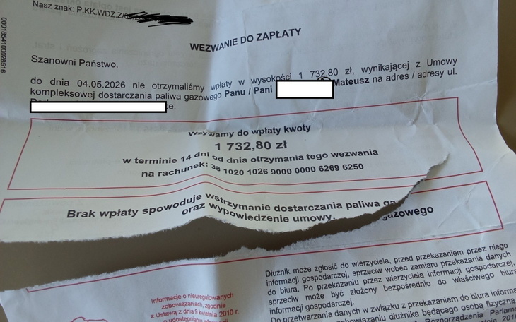 Wezwanie do zapłaty za usługi gazowe, z widocznymi danymi.