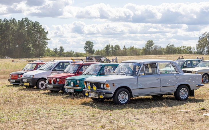 Zbiór klasycznych samochodów na polu, w słoneczny dzień.