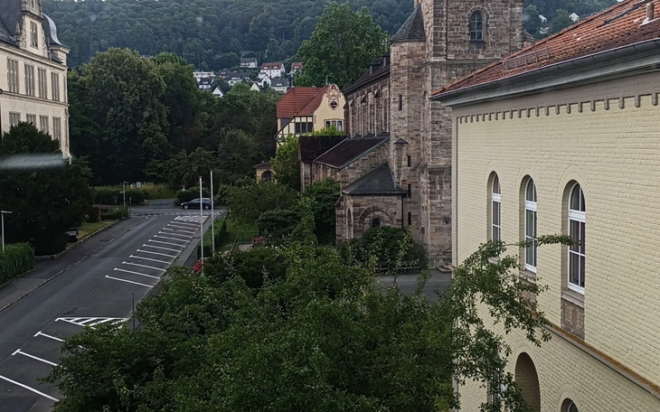 Widok na ulicę i budynki w zielonym otoczeniu.