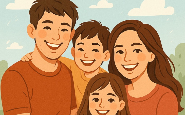 Ilustracja rodziny, uśmiechającej się na tle zieleni.