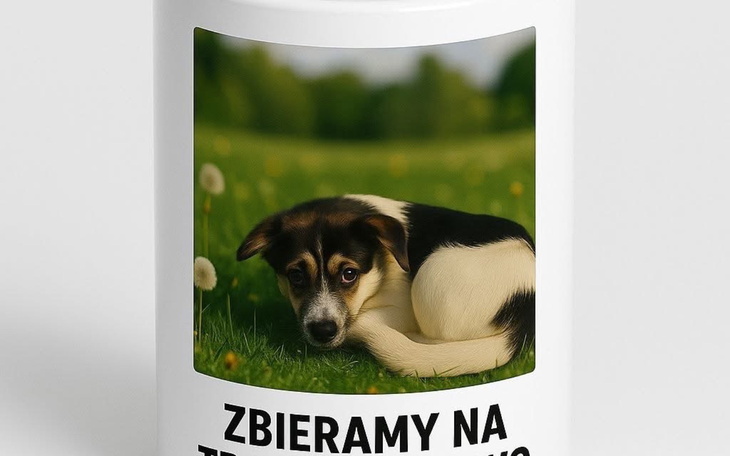 Zbieramy na pomoc dla zwierząt, mały piesek na trawie.