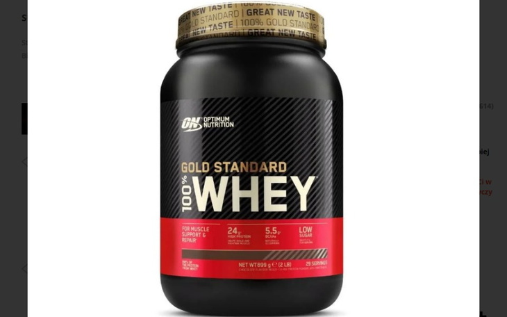 Opakowanie białka serwatkowego Gold Standard, popularnego suplementu diety.