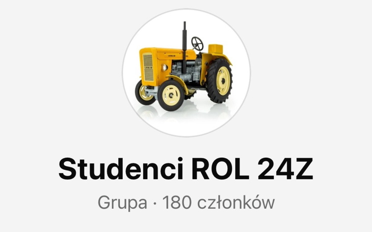 Logo grupy studentów z żółtym traktorem.