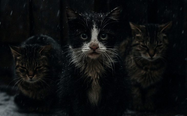 Trzy koty w deszczu, patrzące w obiektyw.