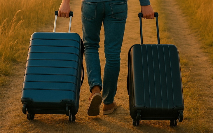 Osoba idąca z walizkami po ścieżce w polu.