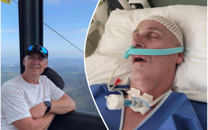 Mężczyzna na tle gór, w szpitalnym łóżku, z rurką tlenową.