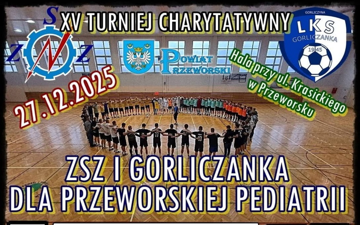 Plakat promujący charytatywny turniej sportowy w Przeworsku.