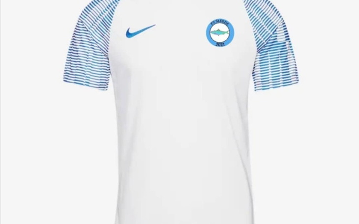 Koszulka sportowa z logo, w kolorze białym i niebieskim.