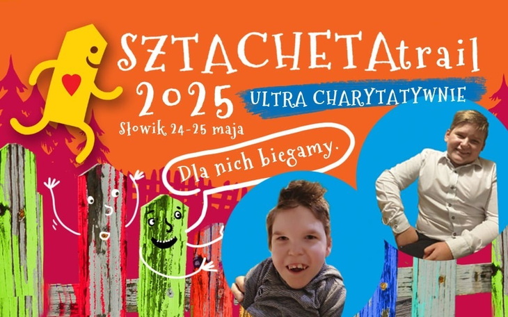 Plakat wydarzenia charytatywnego z dziećmi i kolorowymi elementami.