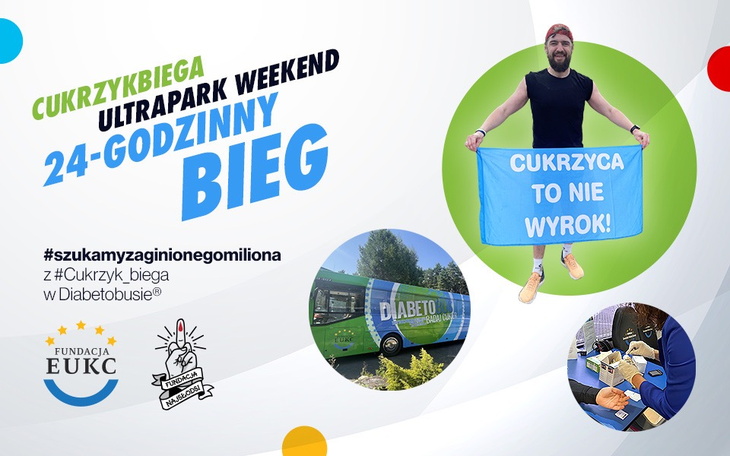 Uczestnik biegu z transparentem promującym zdrowie.