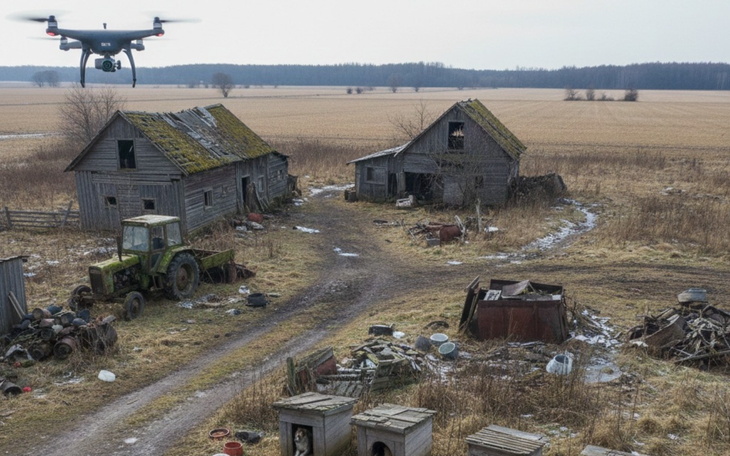 Widok na opuszczone domy na wsi z dronem w powietrzu.