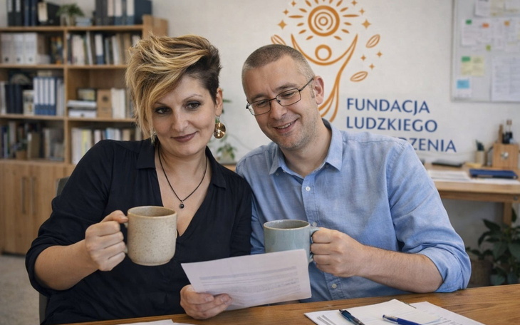 Dwoje ludzi trzymających kubki w biurze Fundacji Ludzkiego Wsparcia.