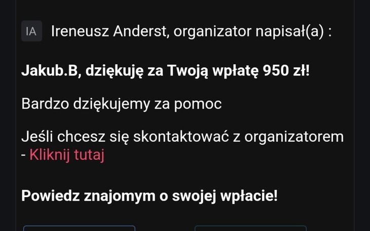 Podziękowanie dla darczyńcy, z informacjami o wpłacie.