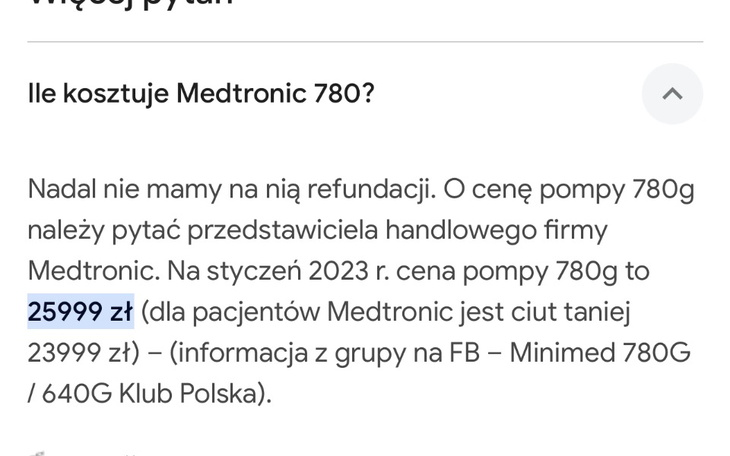 Informacja o cenie pompy insulinowej Medtronic 780G.