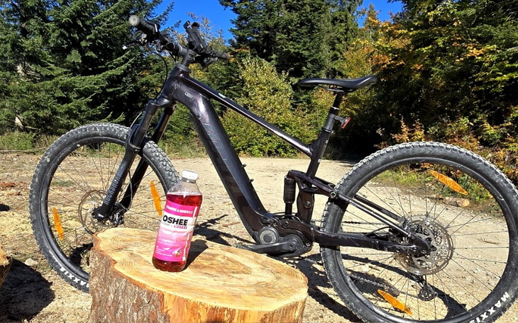 Elektryczny rower górski na tle natury, z napojem.