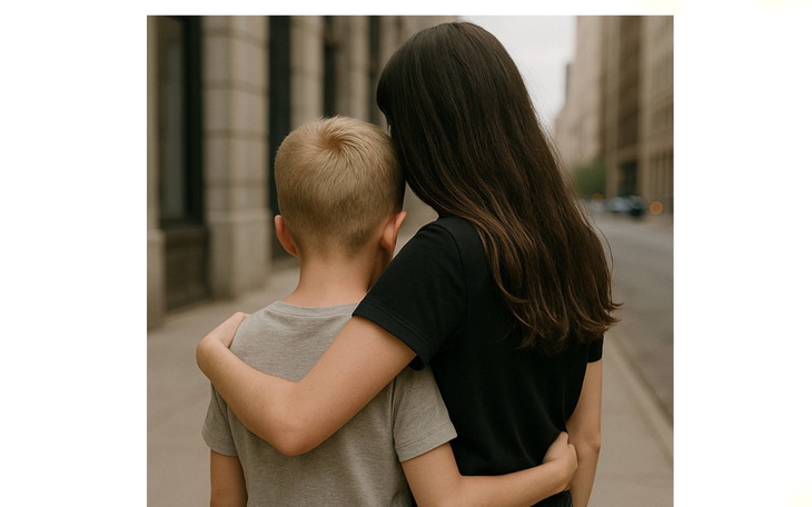 Dzieci obejmujące się na ulicy, widok z tyłu.