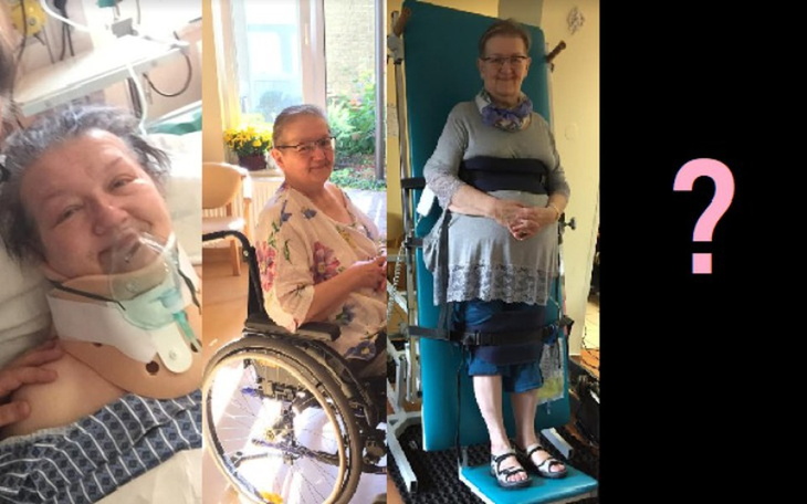 Kobieta w szpitalu, na wózku inwalidzkim, z uśmiechem.