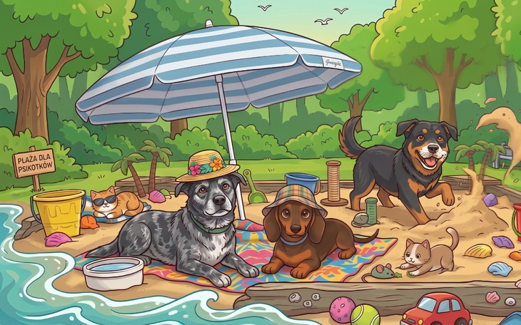 Ilustracja psów na plaży, w kapeluszach, bawiących się.