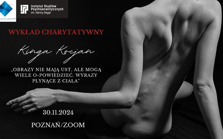 Plakat wykładu charytatywnego z nagim ciałem jako tłem.