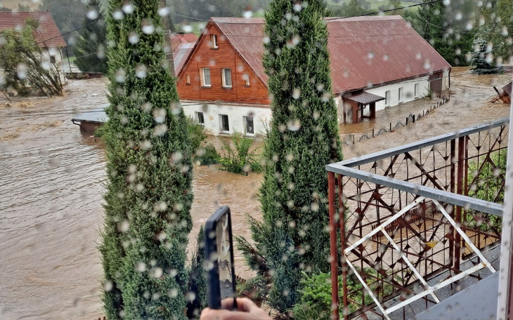 Widok na zalany teren z domami w tle, deszczowa pogoda.