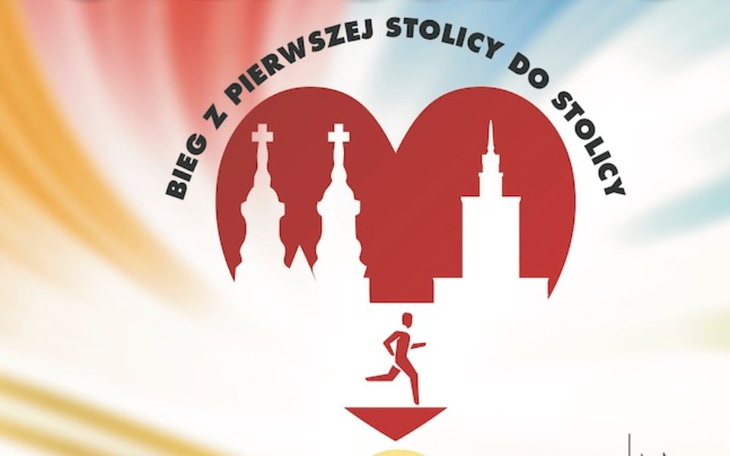 Logo biegu z pierwszej stolicy do stolicy, z sylwetką biegacza.