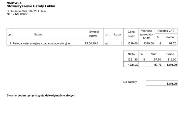 Faktura za usługi weterynaryjne, z danymi i kwotą do zapłaty.