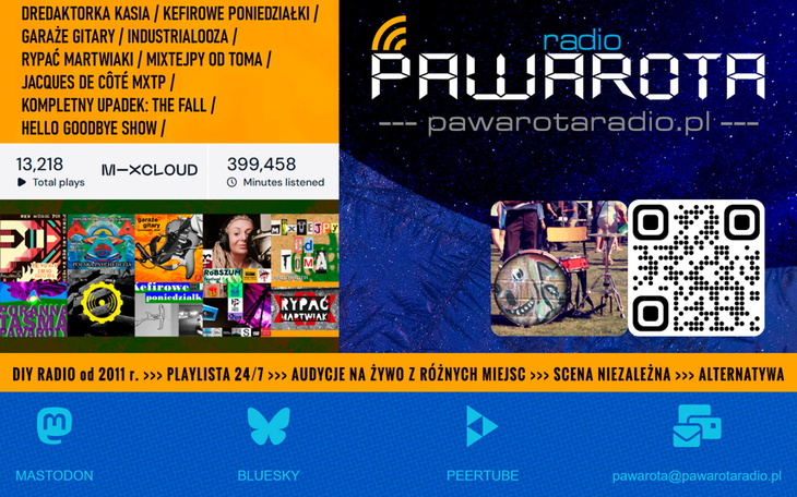 Grafika promująca radio Pawarota z różnymi informacjami.