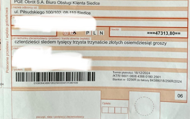 Przykład przelewu bankowego z danymi finansowymi.