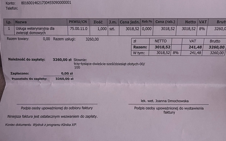 Faktura za usługi weterynaryjne dla zwierząt domowych.