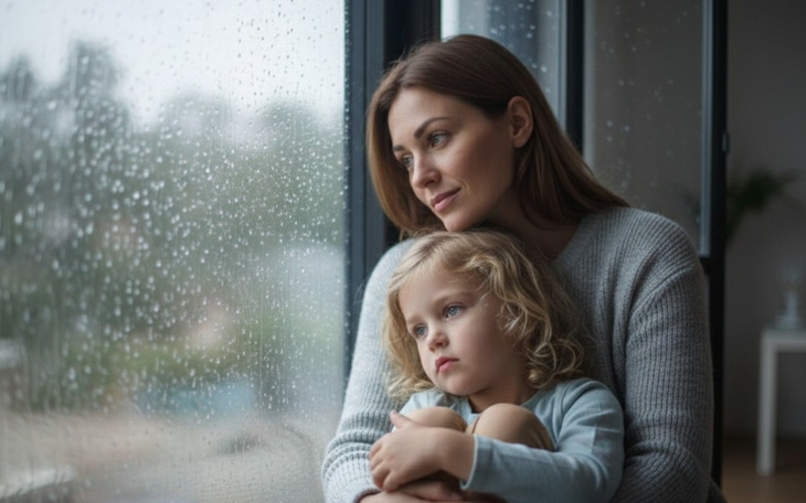 Matka przytulająca dziecko, obie smutne, patrzą przez okno w deszcz.