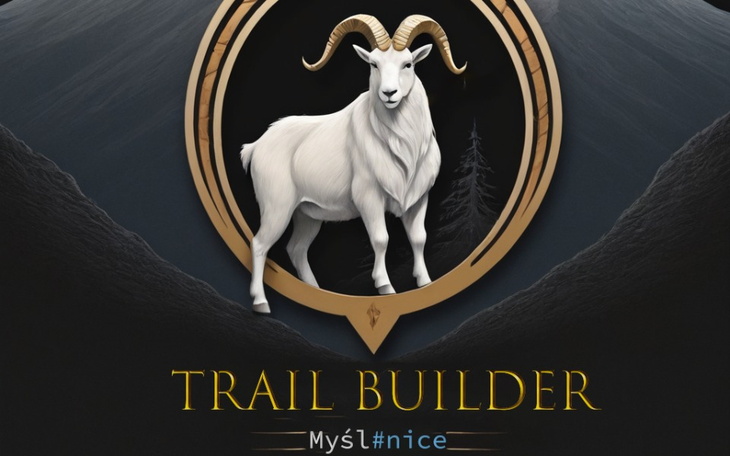 Widok na górę z owcą w logo Trail Builder.