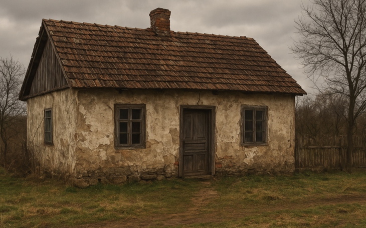 Stara, zniszczona chatka na tle szarego nieba.