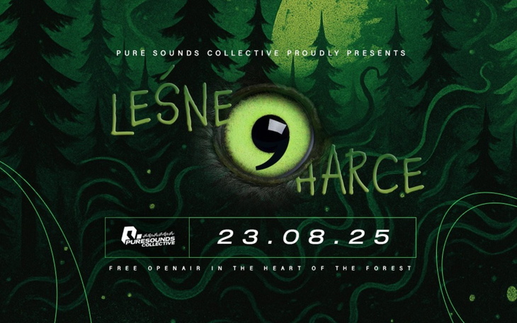 Plakat wydarzenia 'Leśne Harce' z datą 23.08.25, w sercu lasu.