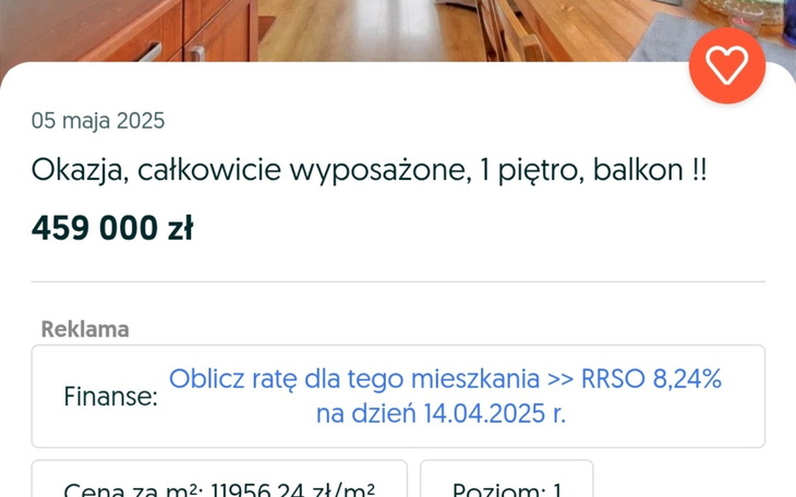 Ogłoszenie o sprzedaży mieszkania z balkonem i ceną.