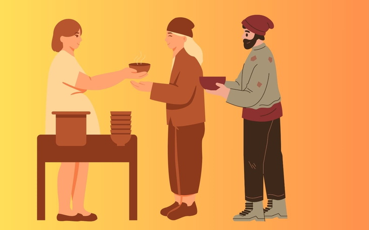 Ilustracja przedstawiająca osobę rozdającą jedzenie potrzebującym.