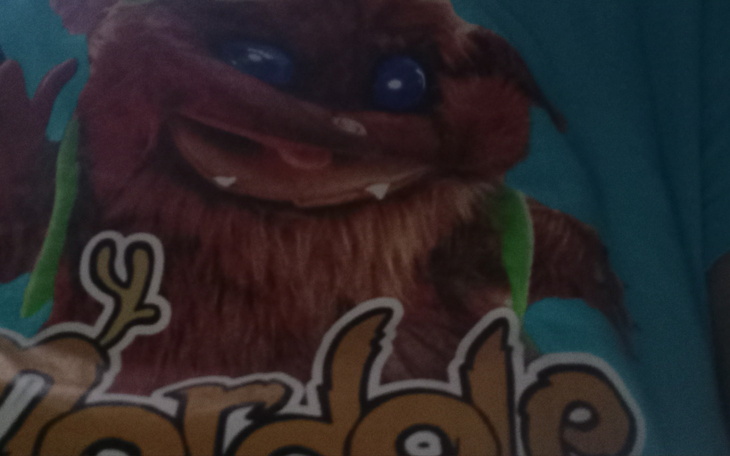 Maskotka na koszulce, uśmiechnięta i kolorowa.