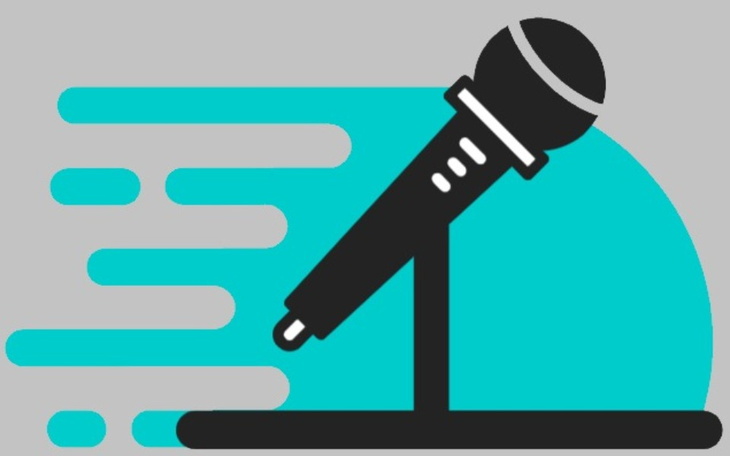 Mikrofon na statywie, symbolizujący wystąpienia publiczne.