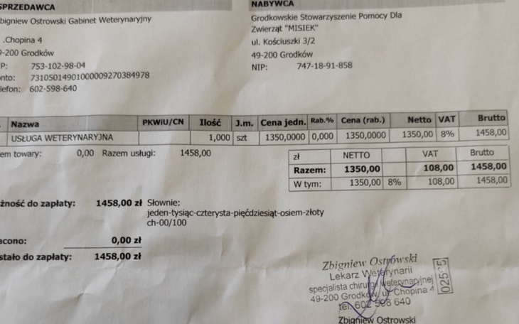 Faktura za usługi weterynaryjne dla zwierząt.