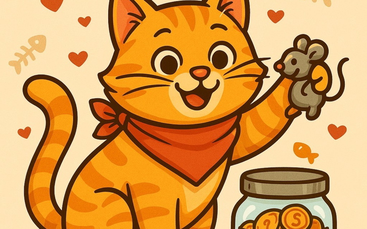 Ilustracja kota z myszką i słoikiem z monetami.