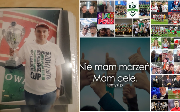 Kolaż zdjęć z trofeum i motywacyjnym hasłem.