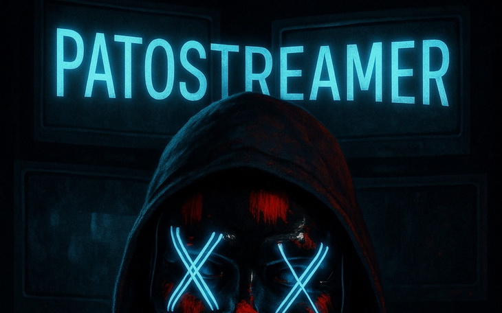Grafika przedstawiająca tajemniczą postać z neonowym napisem 'PATOSTREAMER'.