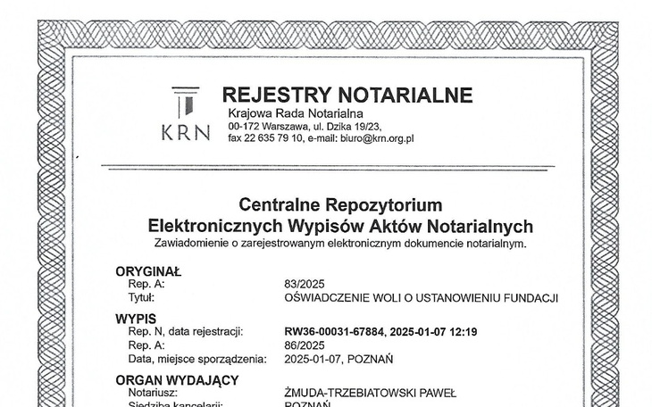 Dokument notarialny z informacjami o fundacji.