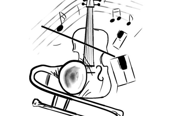 Rysunek instrumentów muzycznych, w tym puzonu i skrzypiec.
