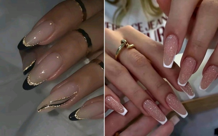 Stylowe paznokcie z brokatem i klasycznym francuskim manicure.