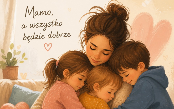 Ilustracja matki z dziećmi, pełna miłości i ciepła.