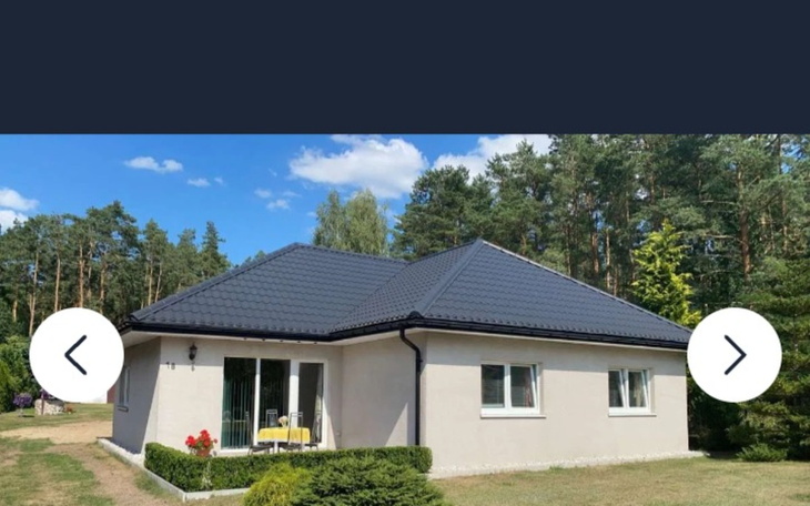 Nowoczesny dom z ogrodem w otoczeniu drzew.